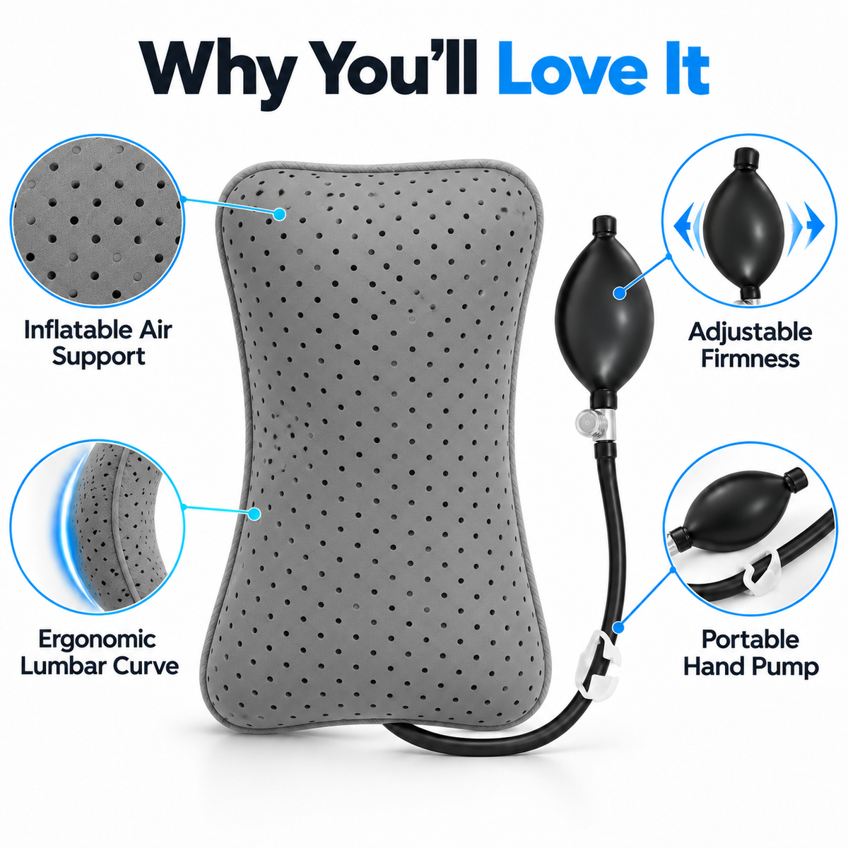 Adjustable Air Lumbar Pillow with Hand Pump – Back Cushion for Office Chair, Car & Gaming