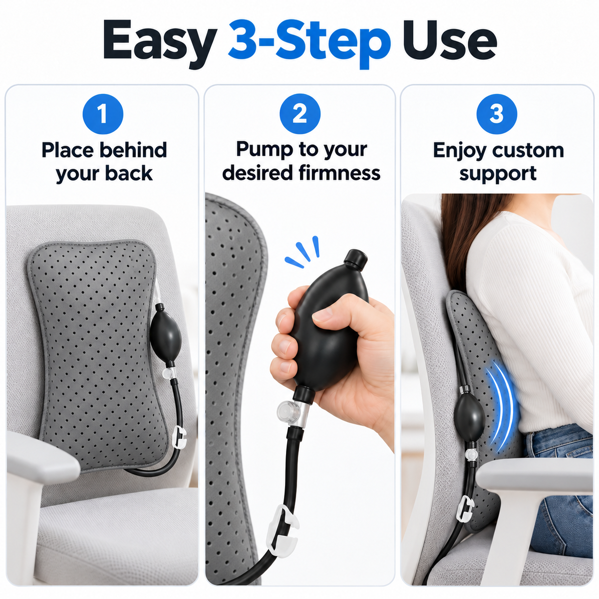 Adjustable Air Lumbar Pillow with Hand Pump – Back Cushion for Office Chair, Car & Gaming