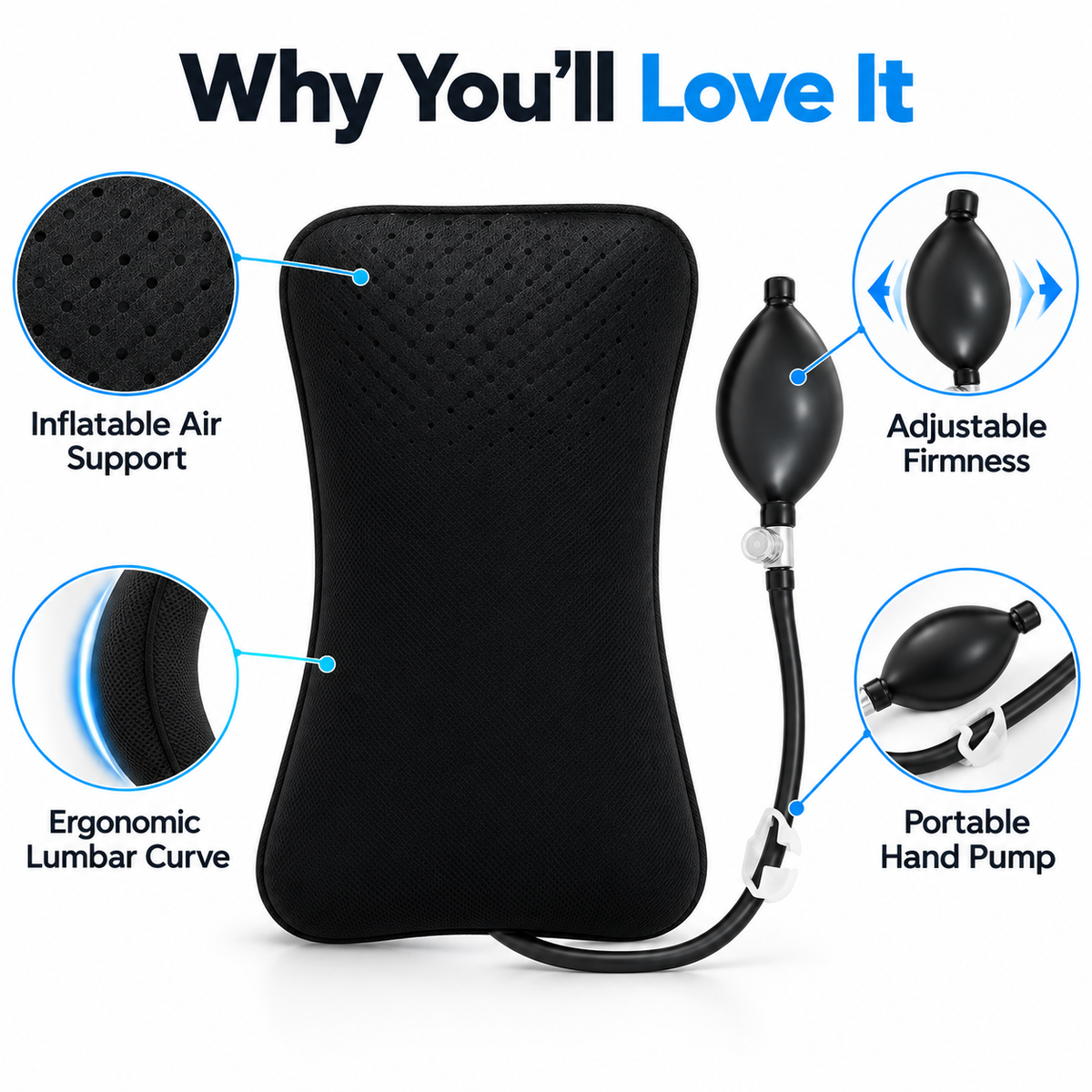Adjustable Air Lumbar Pillow with Hand Pump – Back Cushion for Office Chair, Car & Gaming