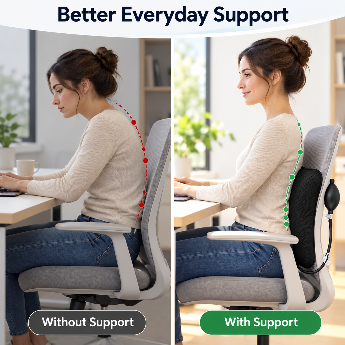 Adjustable Air Lumbar Pillow with Hand Pump – Back Cushion for Office Chair, Car & Gaming